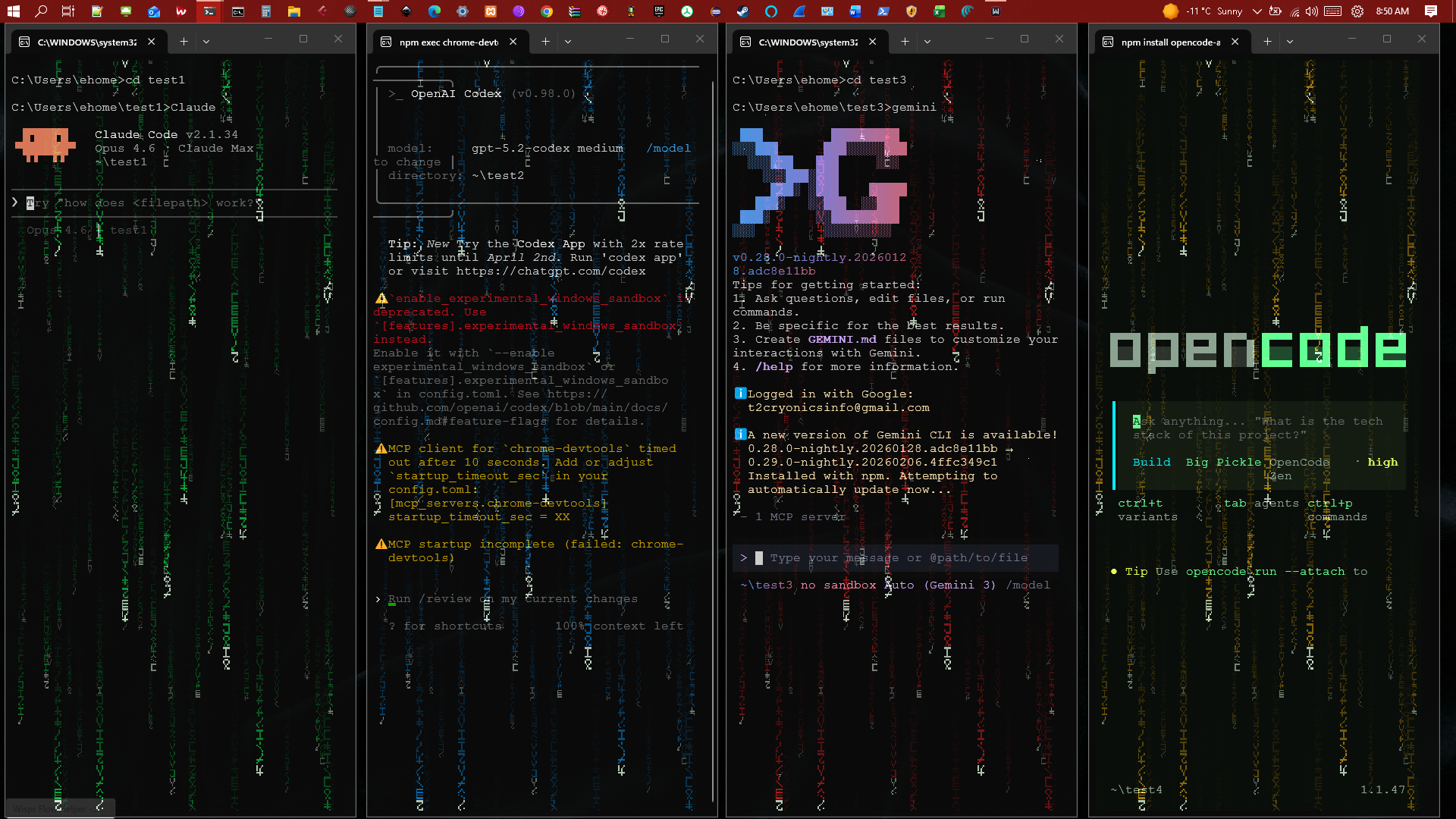 4 Matrix shader windows in Pillars layout - side by side columns, each a different color running different AI coding tools