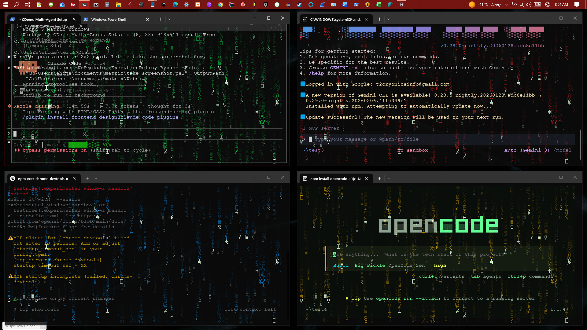 4 Matrix shader windows in Quads layout - 2x2 grid, each a different color running different AI coding tools